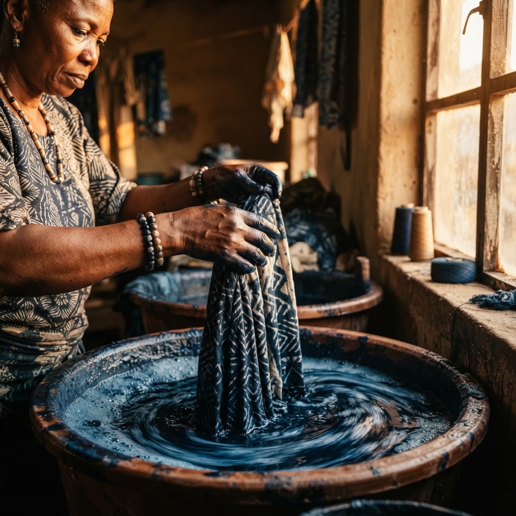 Adìrẹ artisan hand-dyeing indigo fabric