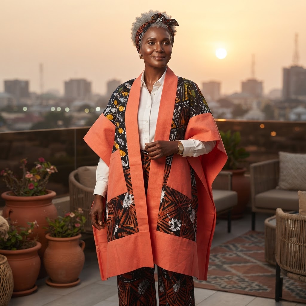 Handmade Adire Cotton Kimono Set: Aso Oke Pockets, Nigerian Design