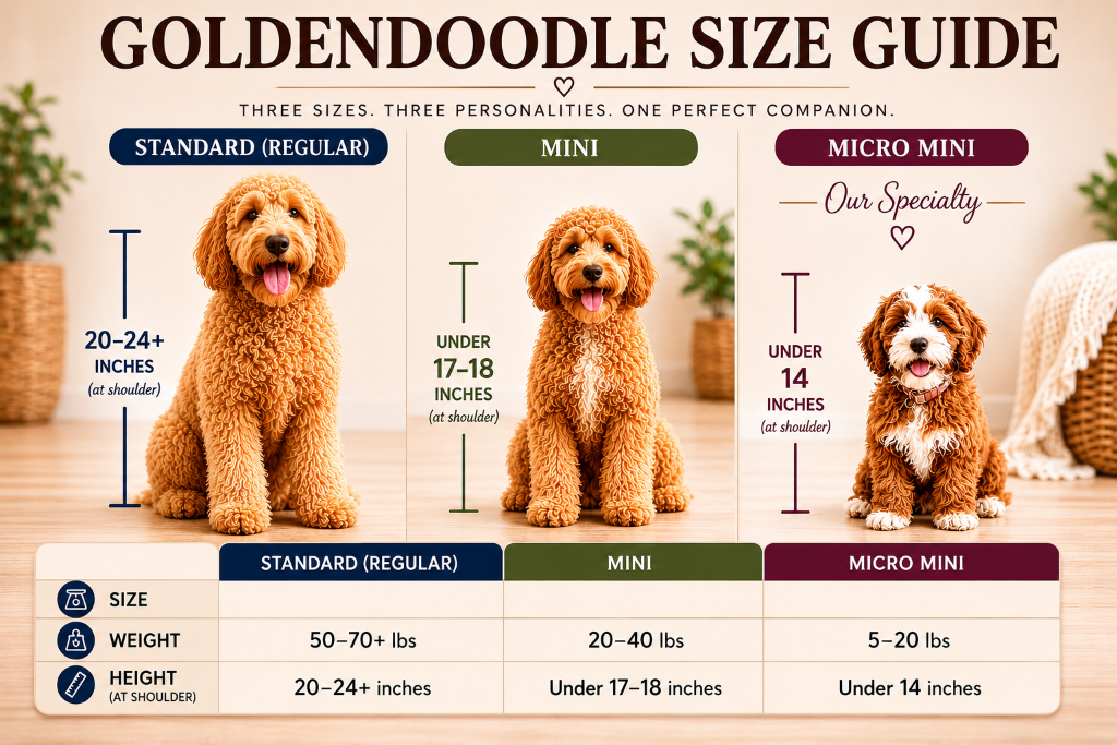 Goldendoodle Size Guide — Standard, Mini, and Micro sizes compared