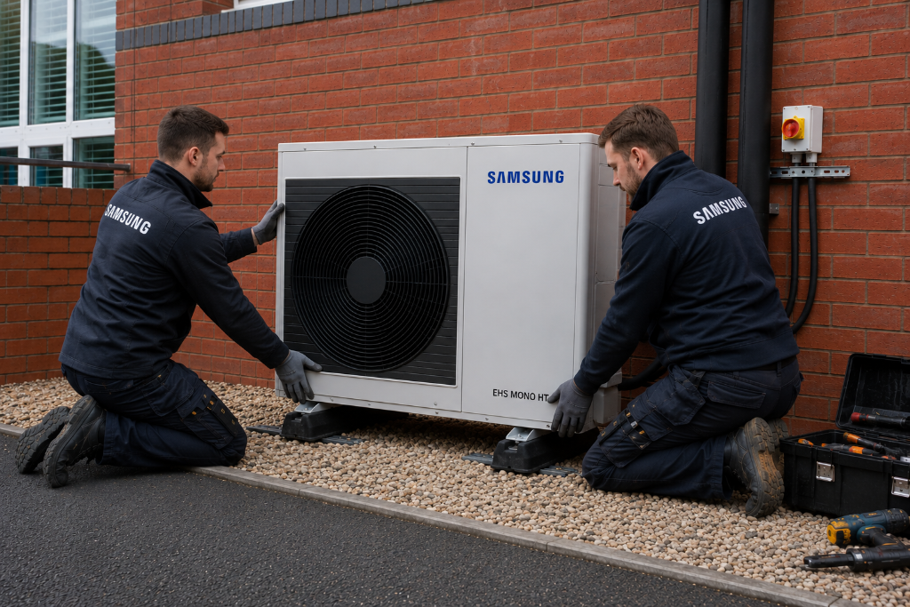 Air source heat pump unit installed outside a building