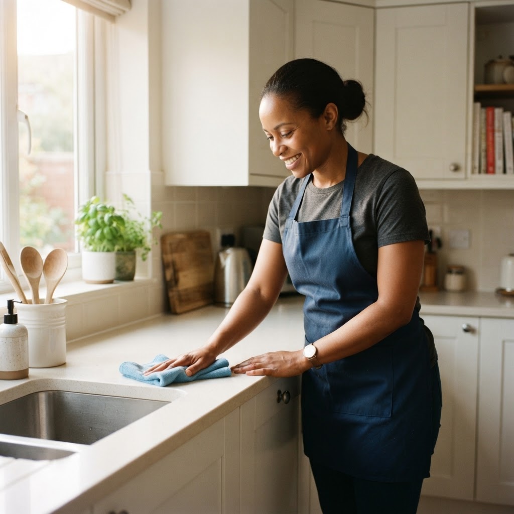 Cleanex professional house cleaner wiping down a bright kitchen countertop in a North York home