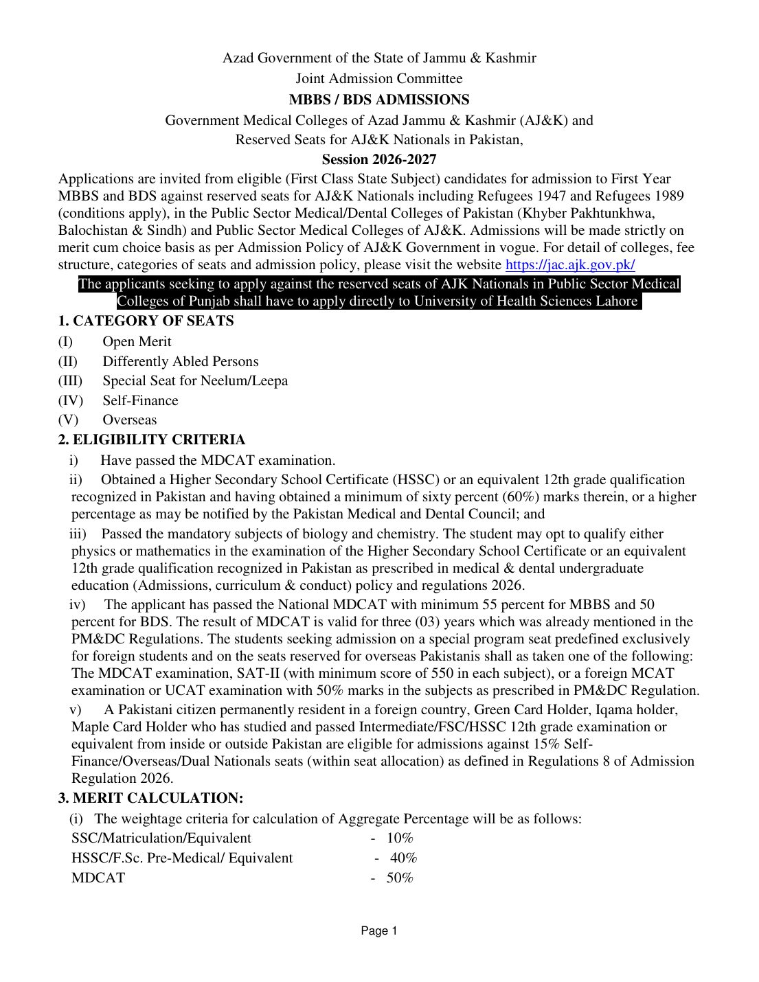 AJ&K MBBS-BDS Admissions 2026-27 - page 1