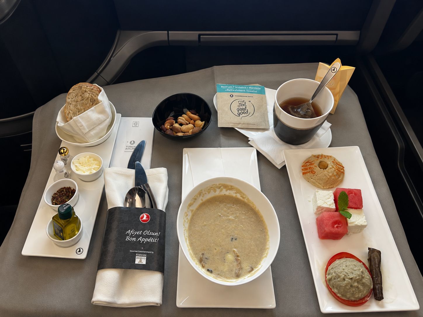 Turkish Airlines business class appetizer tray with mezze, soup and fresh sides