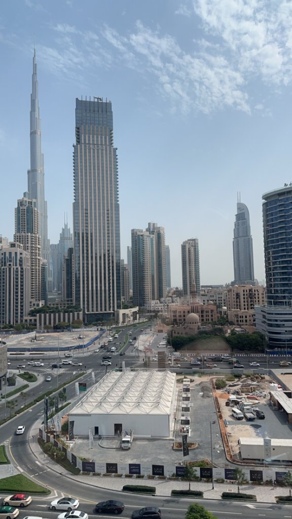 City skyline view from hotel room