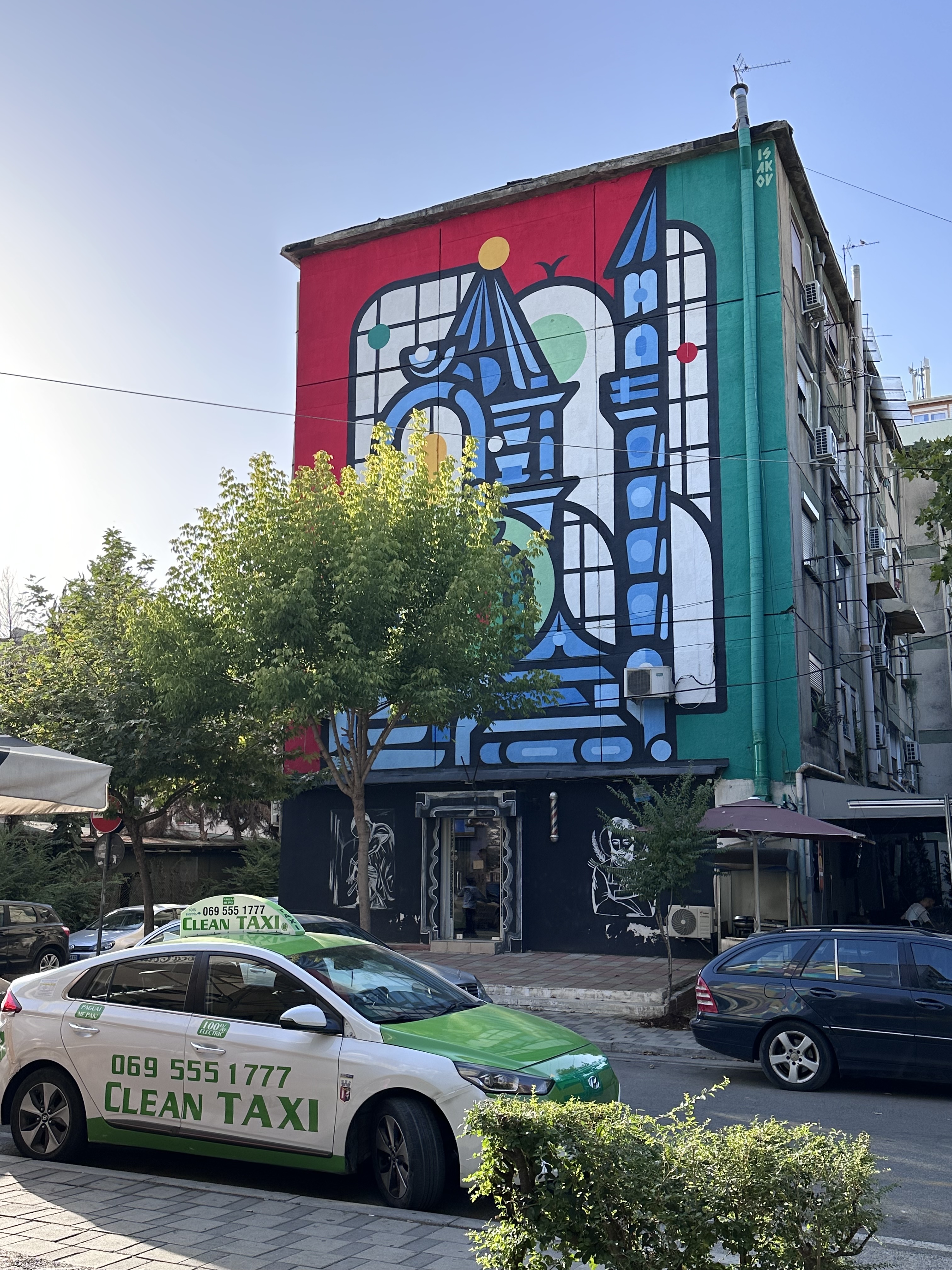 Building with a colourful mural in Tirana, Albania