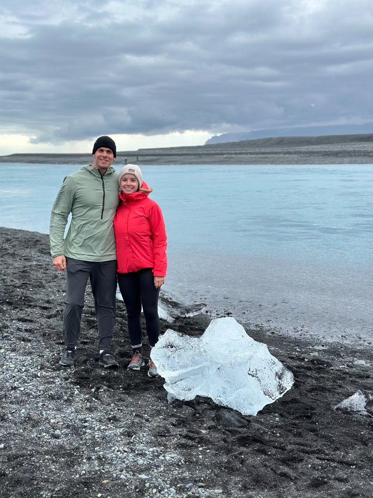 A chunk of glacial ice resting on the black sand at Diamond Beach in Iceland