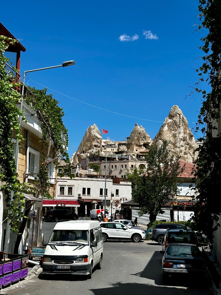 Street-level view of a Cappadocia town with fairy chimney