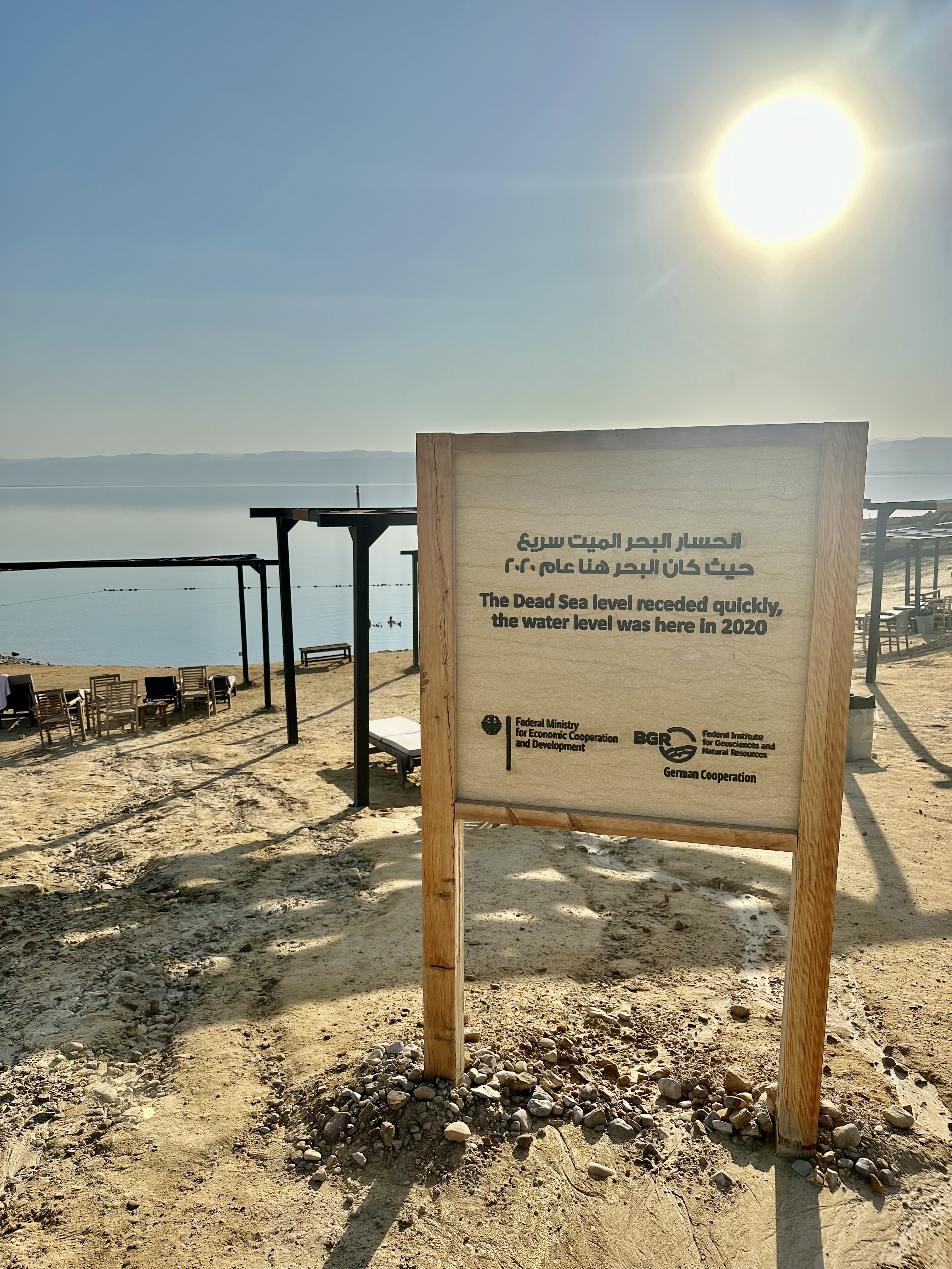 Sign showing where the Dead Sea water level was in the year 2020
