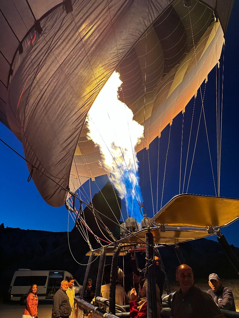 Inside the balloon basket as the burner fires