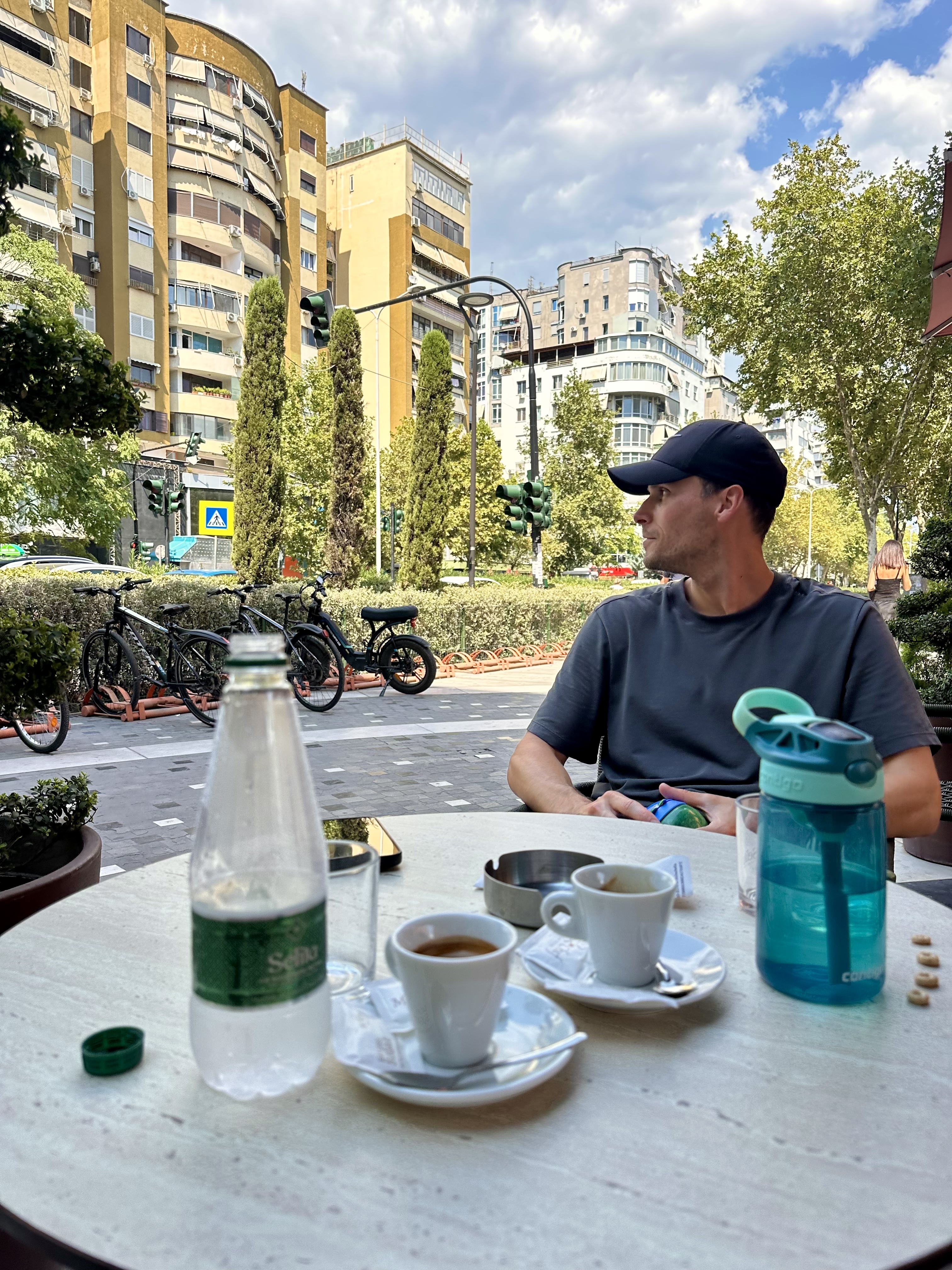 Street-side café table in Tirana, Albania