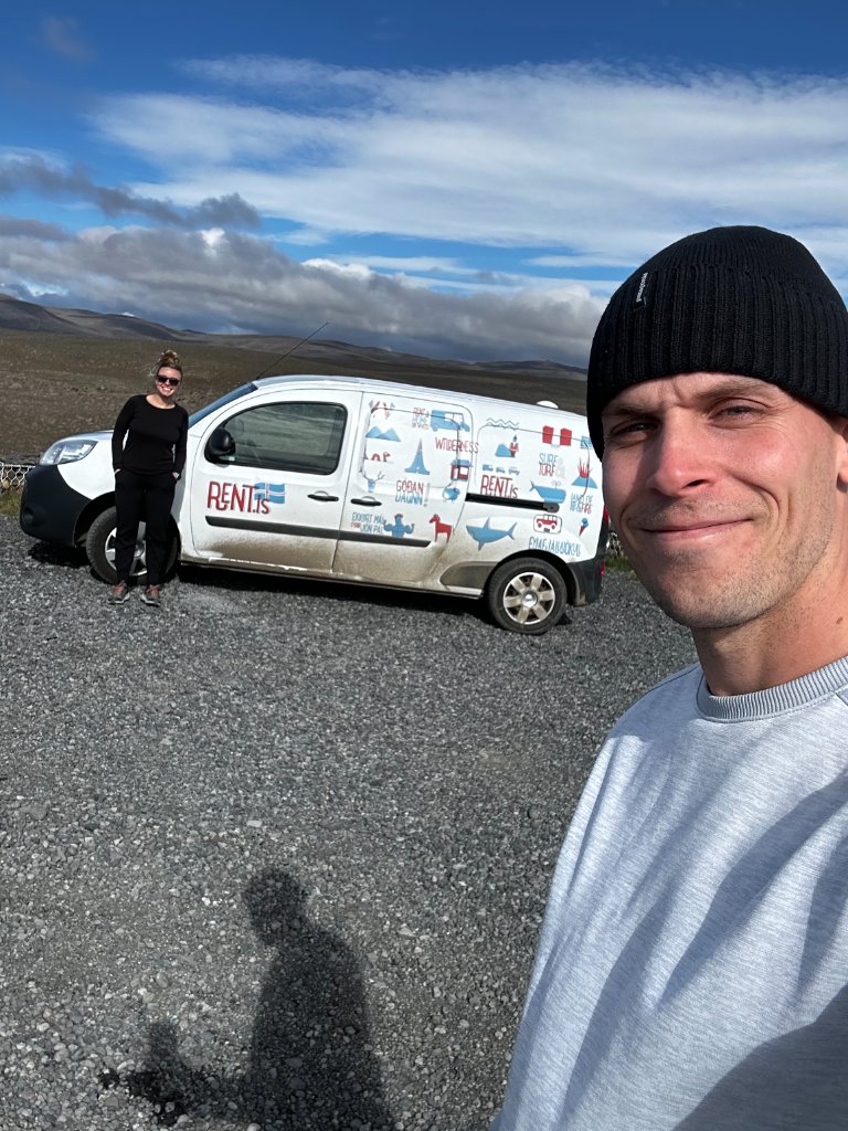 A selfie with our campervan in the Icelandic landscape at the end of the trip