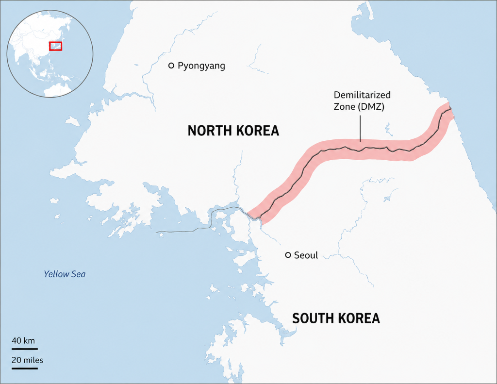 Map of the Korean Peninsula showing the Demilitarized Zone