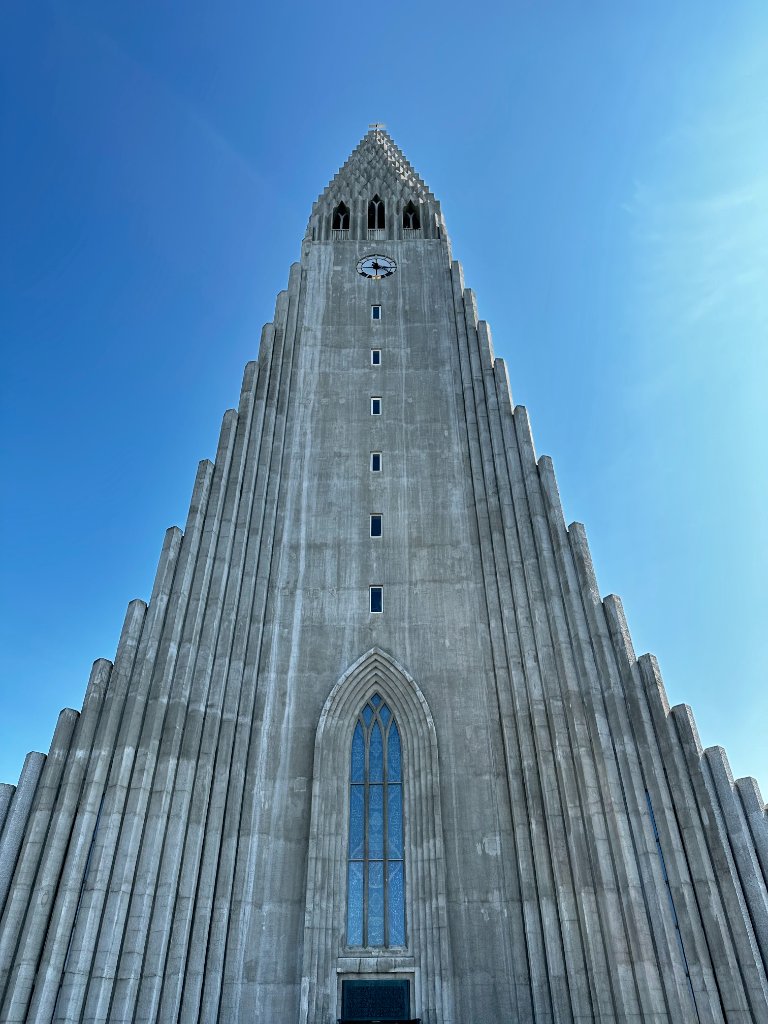 Hallgrímskirkja church in Reykjavík, Iceland, shot from below looking up at its tower