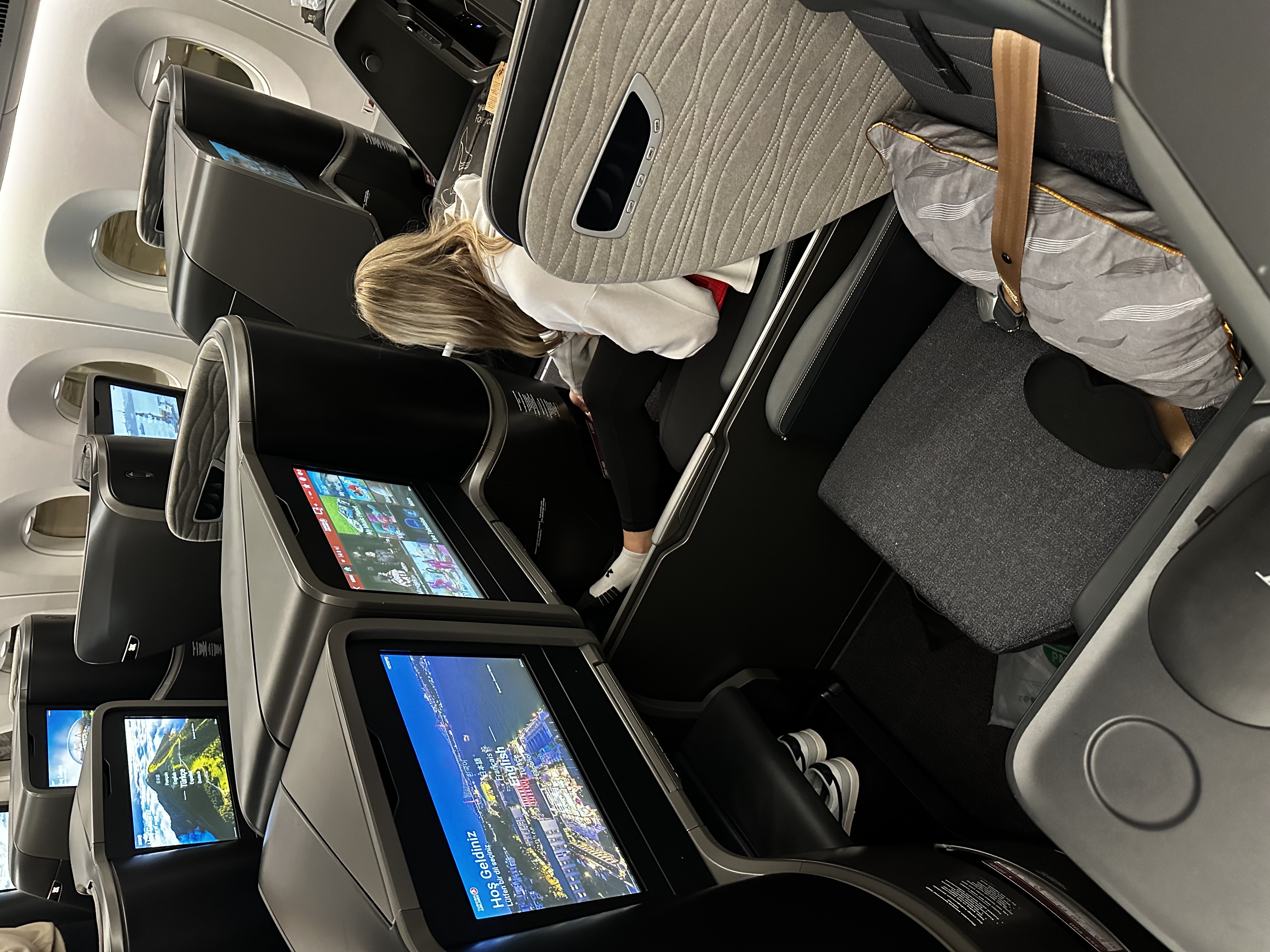 Turkish Airlines A350-900 business class suite with a private entertainment screen and privacy shell