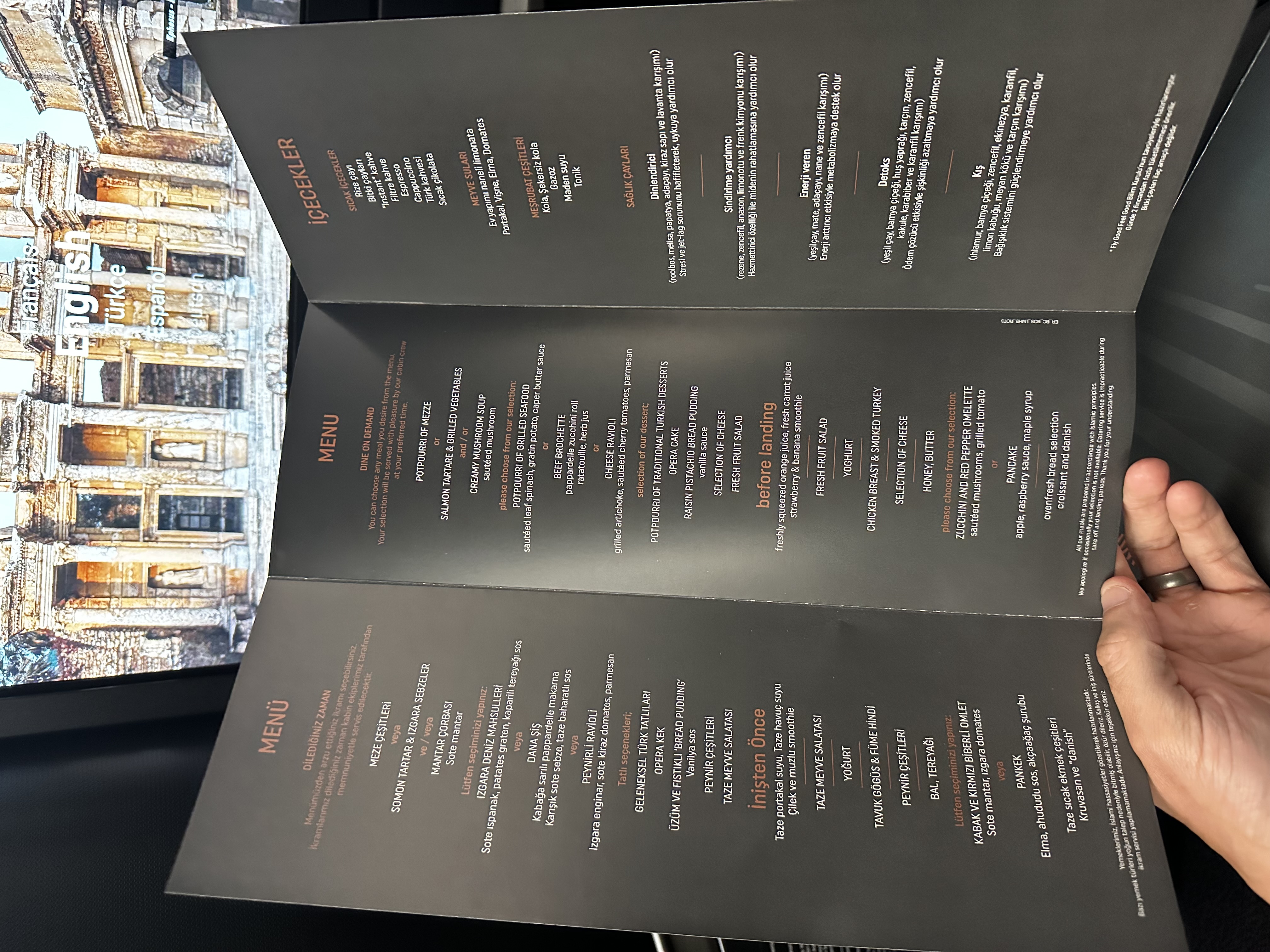 Turkish Airlines business class dine-on-demand menu card