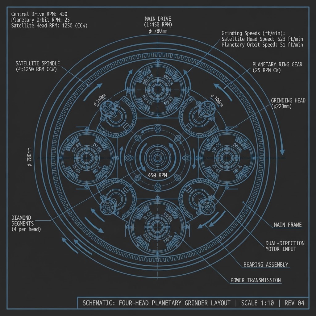 Dual-direction four-head planetary grinder layout schematic