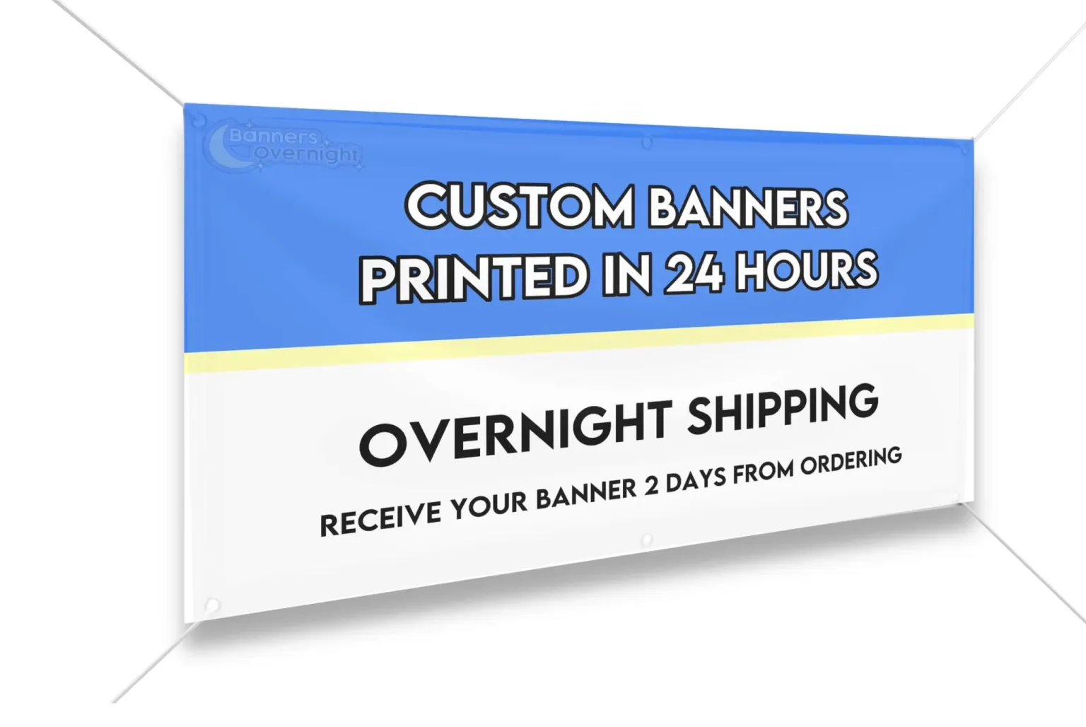Blue and white custom banner promoting 24-hour printing and overnight shipping