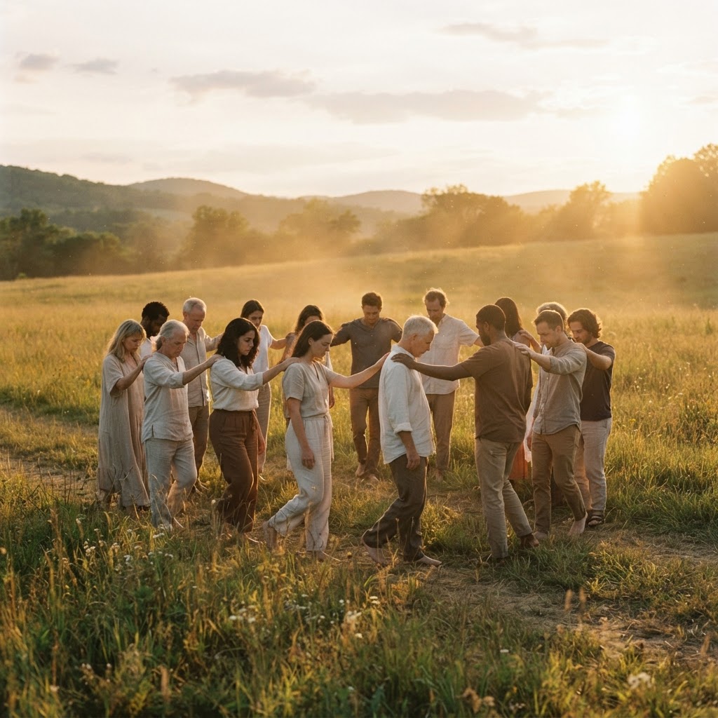 Gathering in the light — hands to shoulders, hearts to heaven.