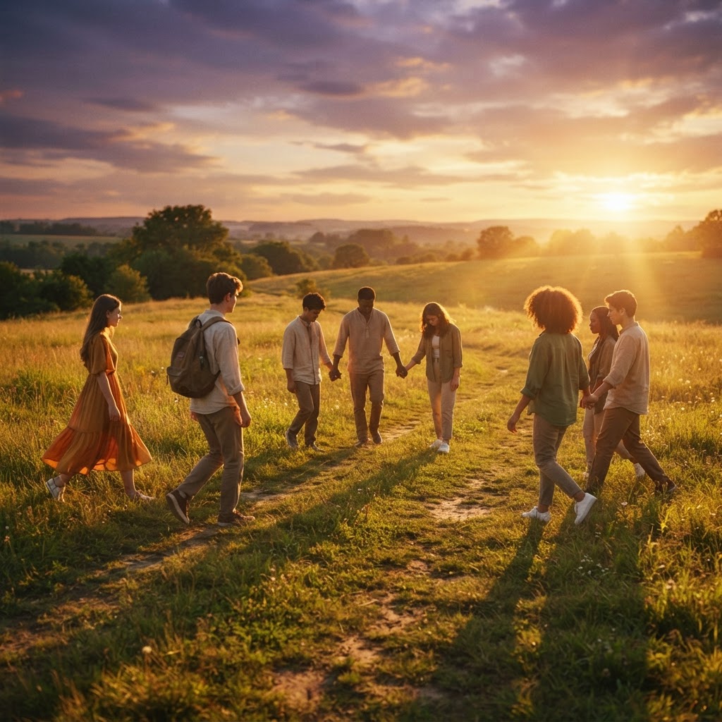 Youths coming together to form a prayer circle at golden hour