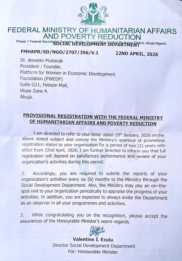Provisional Registration — Federal Ministry of Humanitarian Affairs