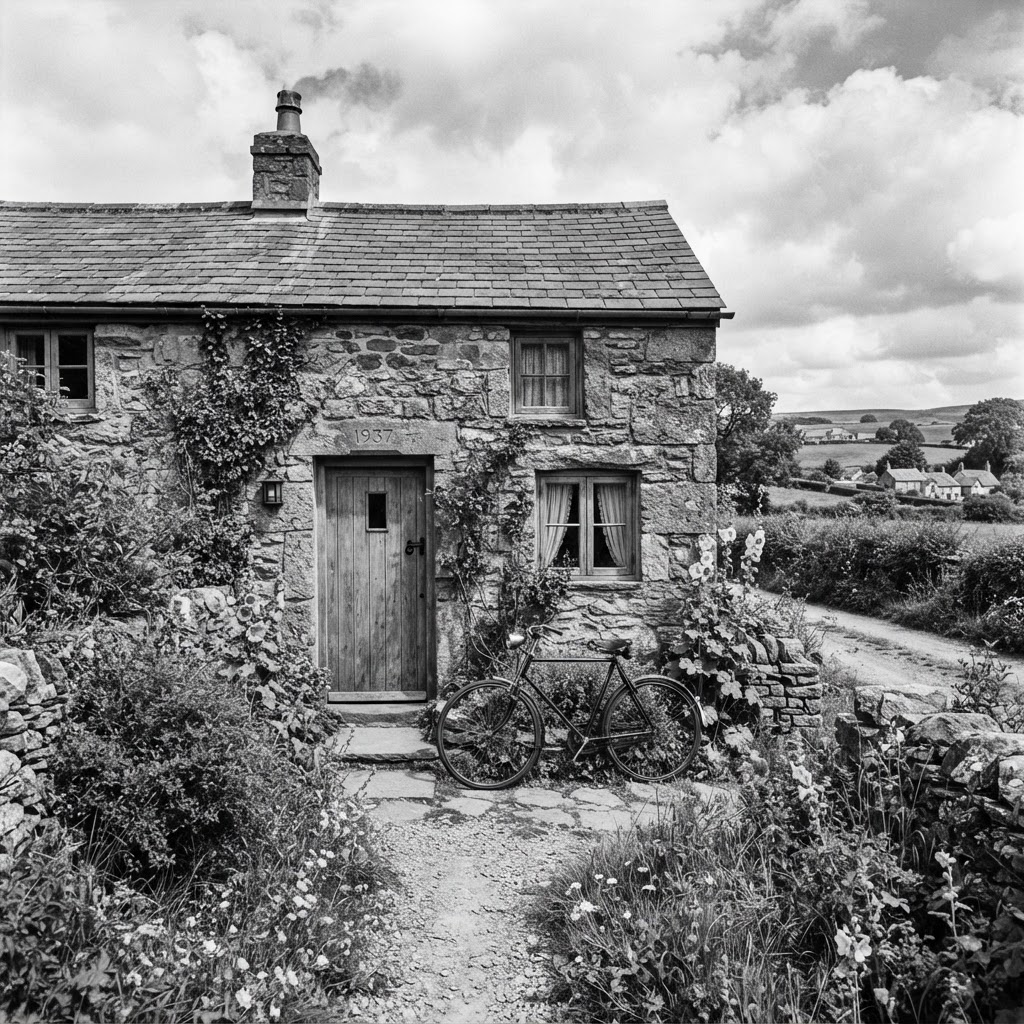 Foto antiga restaurada de casa rural em preto e branco