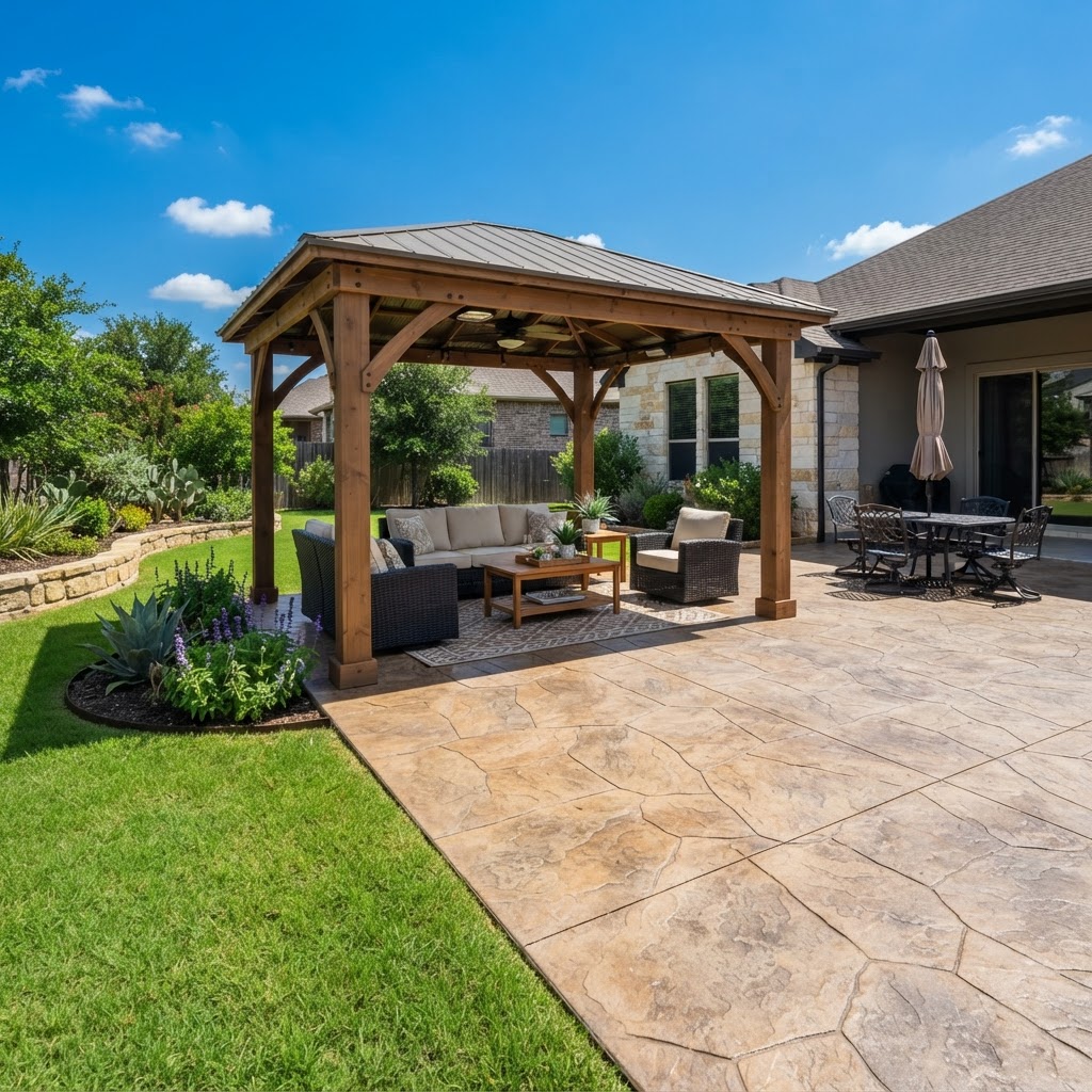 Newly poured stamped concrete patio in Seguin, TX