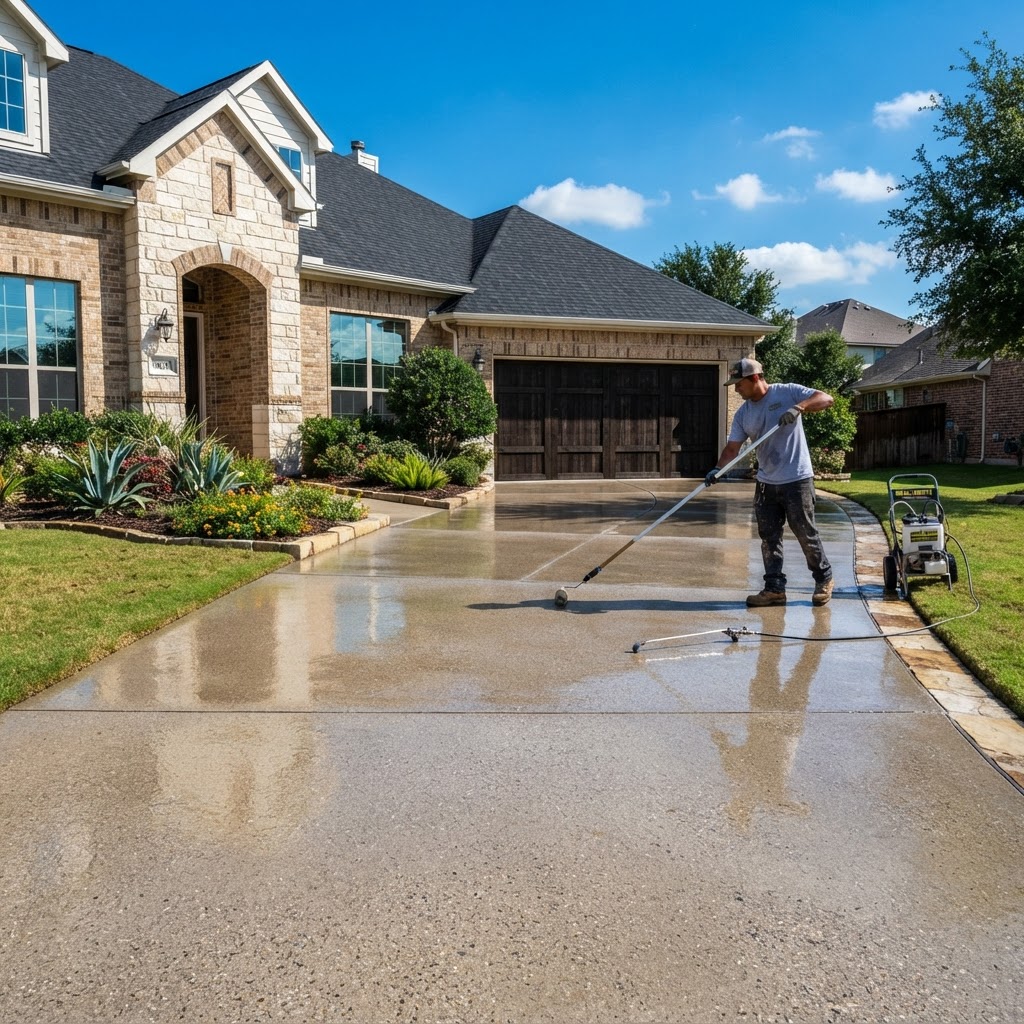 Freshly sealed concrete driveway in Seguin, TX