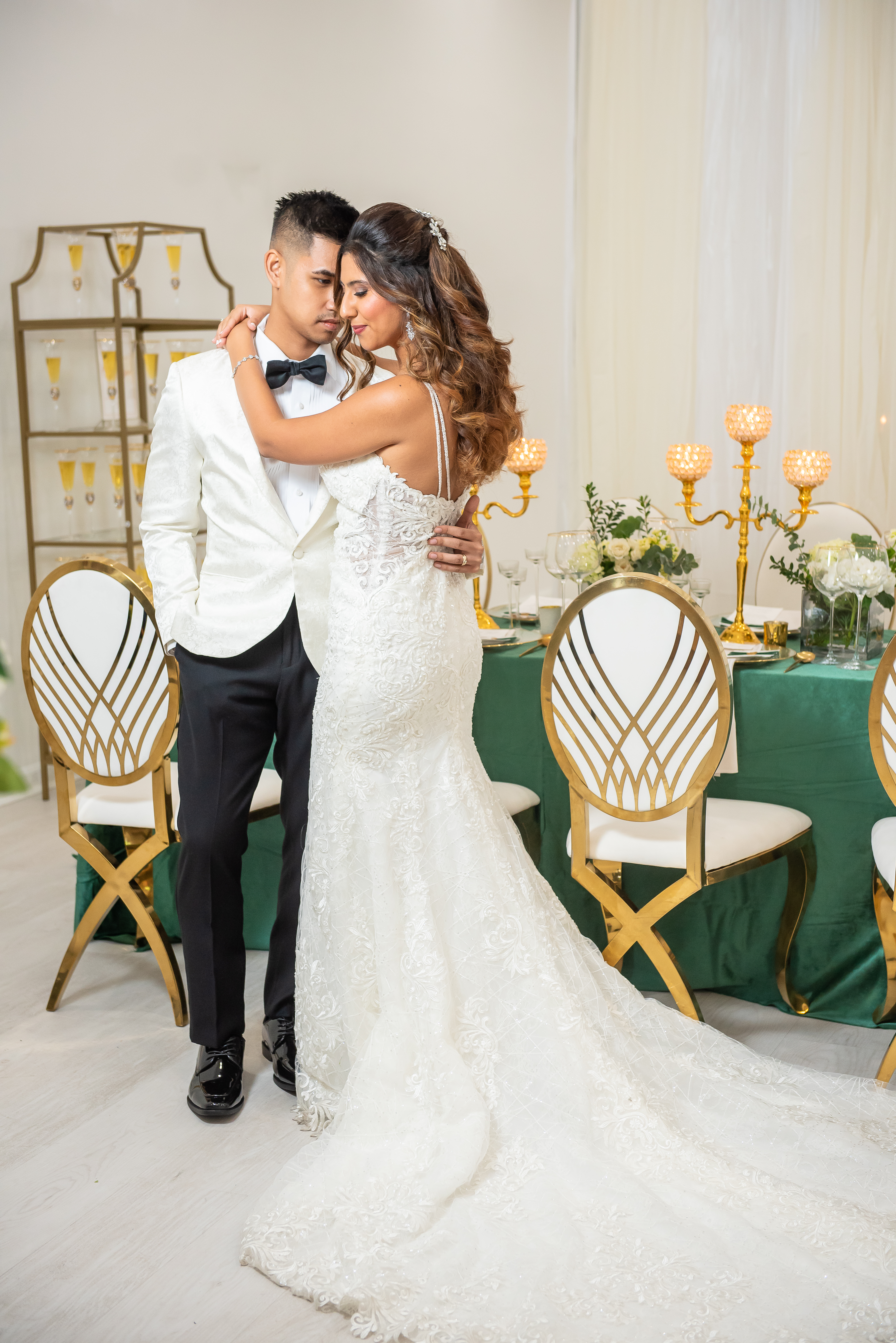 Styled shoot dining chairs and florals