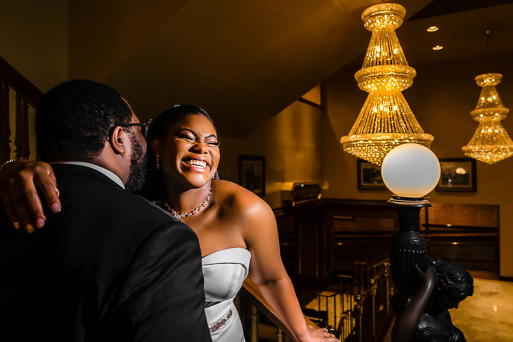 Bridesmaids in navy and gold robes