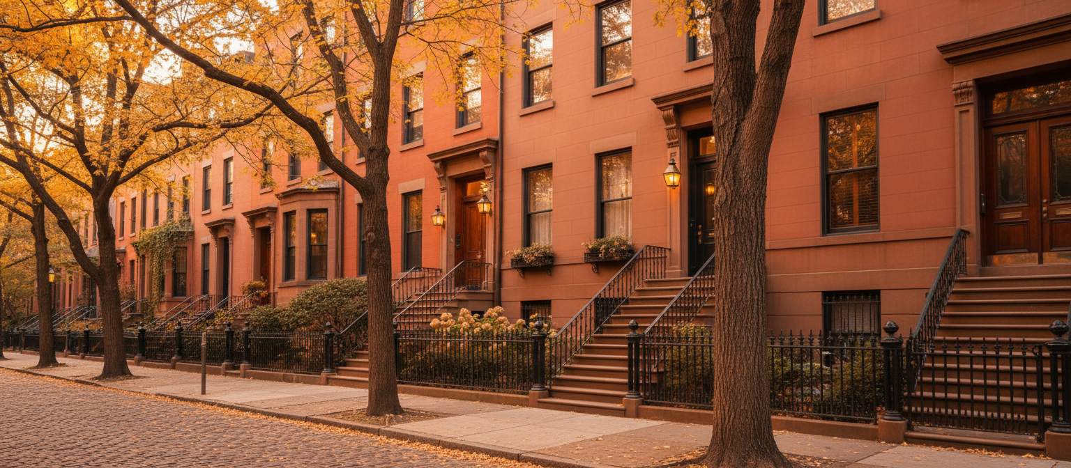 Row of charming Boston brownstone townhouses