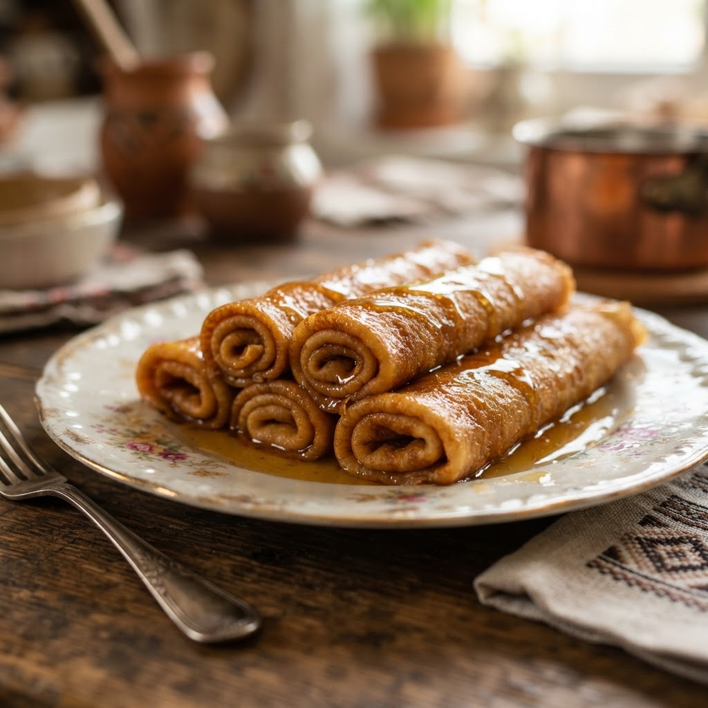 Photo de la recette Obalanduša (crêpes au sirop) — dessert balkans maison