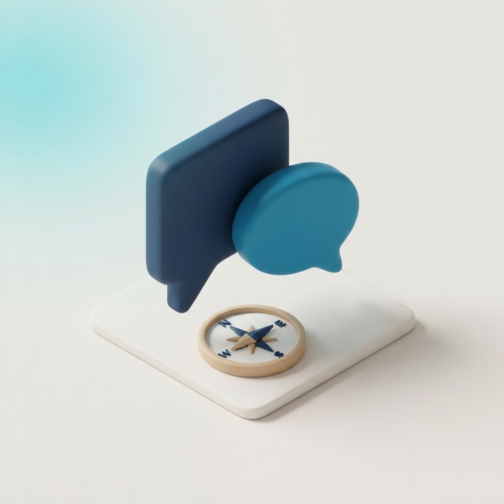 Illustration of two chat bubbles above a compass, representing a direct reply