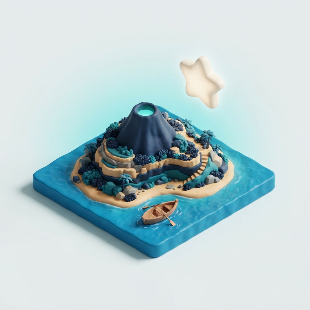 Illustration of a volcanic island with a boat, representing enjoying the tour