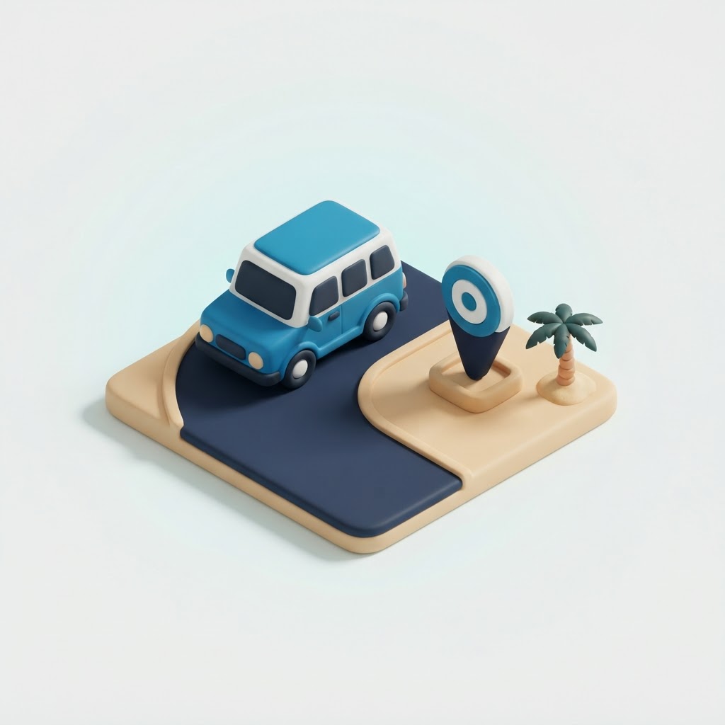 Illustration of a tour vehicle on a road with a map pin, representing meeting your guide