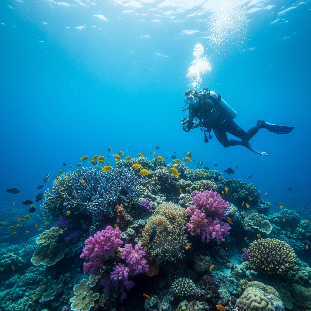Scuba diver surveying vibrant coral reef with tropical fish