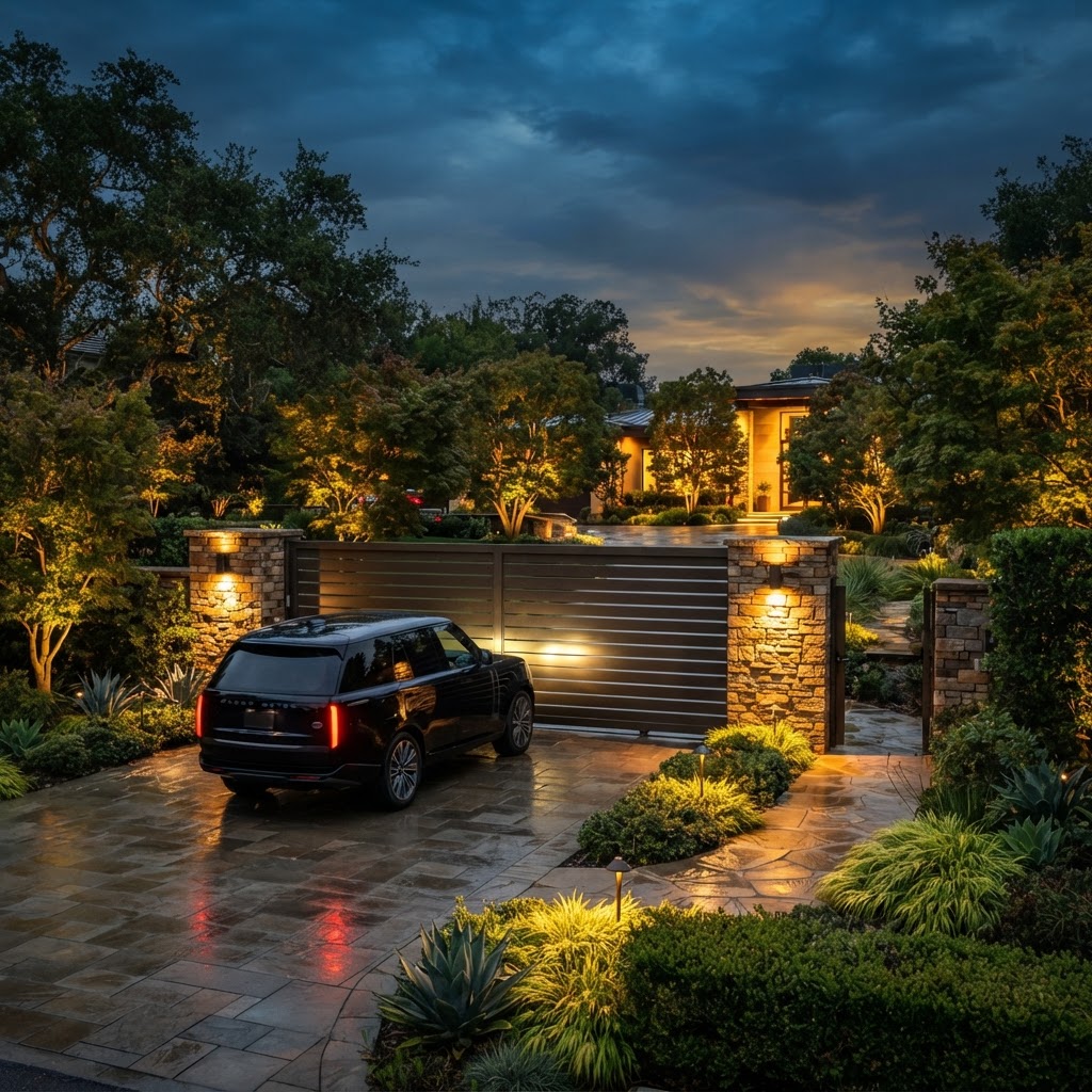 A luxury residential gateway at dusk. sleek automatic gate, warm landscape uplighting