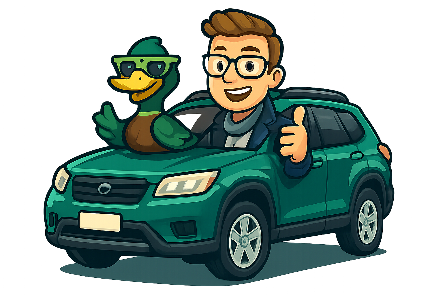 A friendly duck in sunglasses and a smiling Aussie beside a teal car