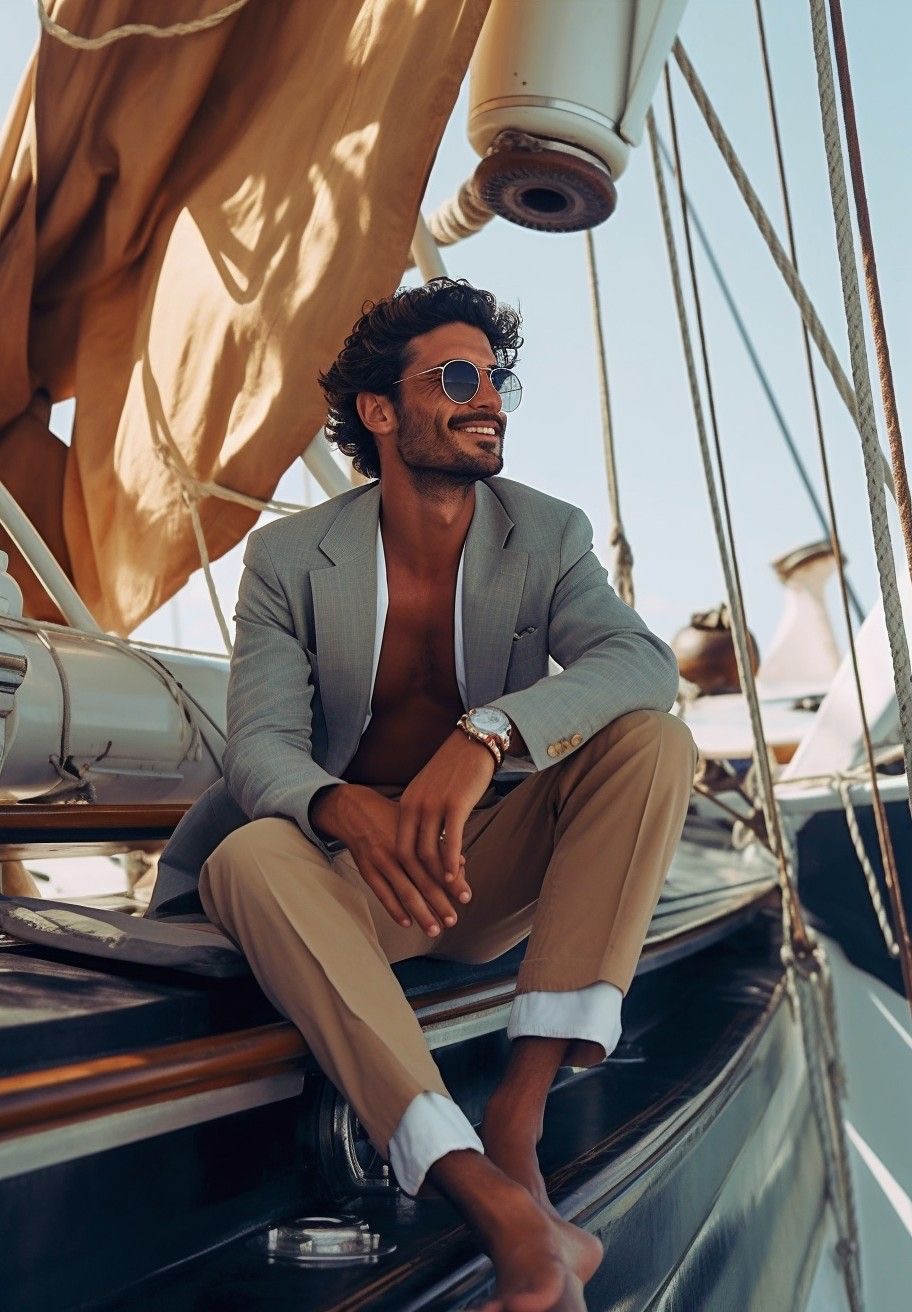 Man in a linen suit sitting on the deck of a sailboat