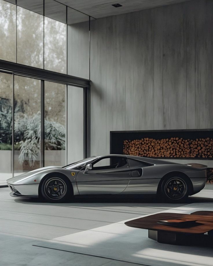 Silver classic sports car inside a minimalist concrete lounge
