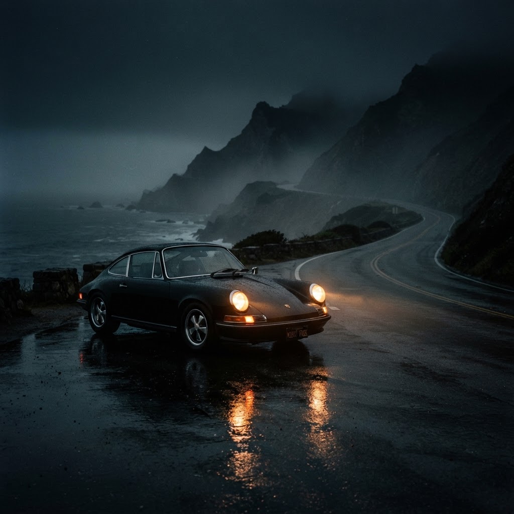 Black vintage sports car on a foggy coastal road at night