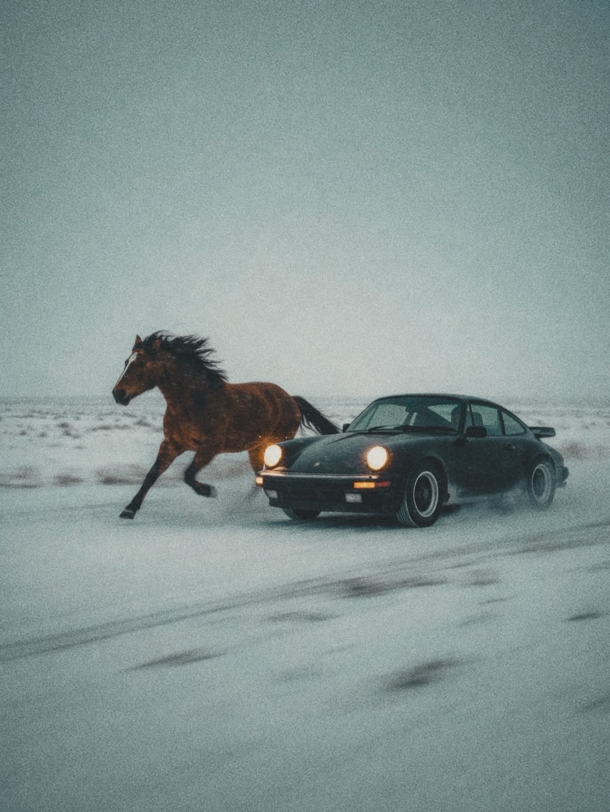 Porsche driving through a snowy landscape with a galloping horse alongside