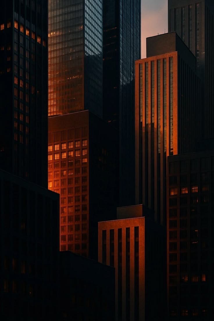 City towers lit orange at dusk
