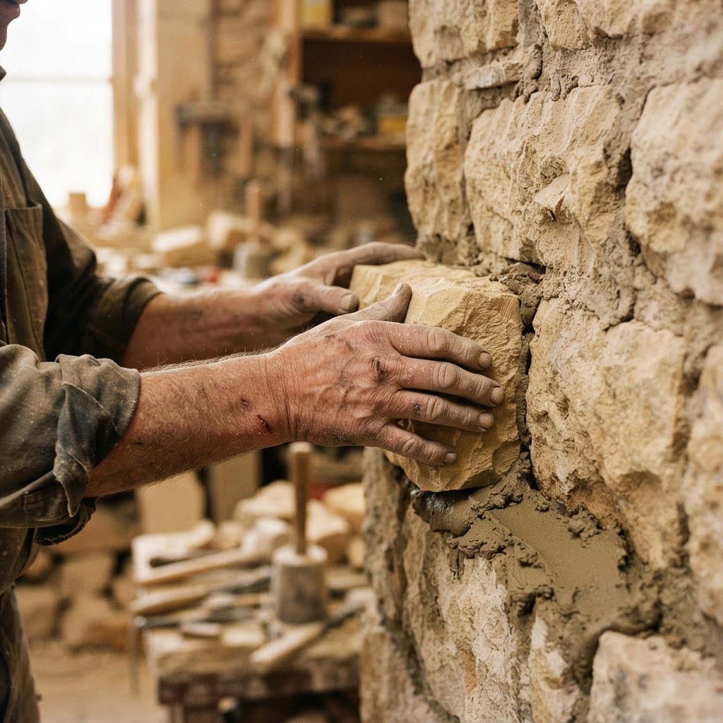 Handwerkerhände setzen einen Werkstein