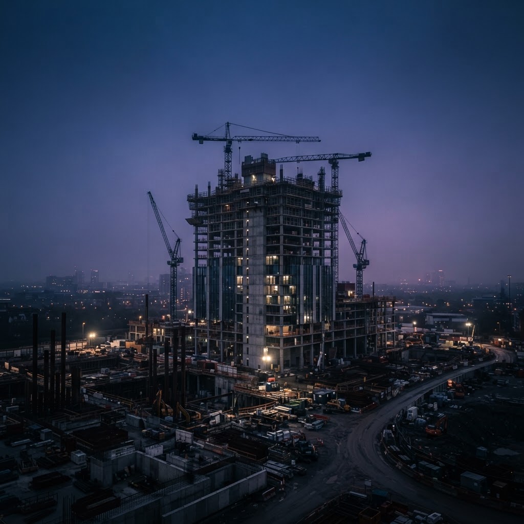Obra moderna al anochecer