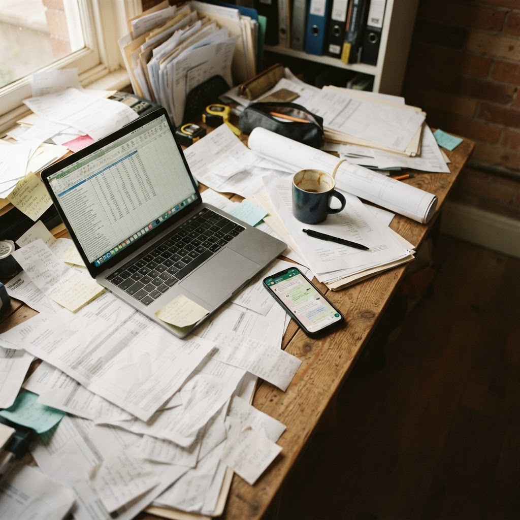 Oficina desordenada con facturas, Excel y WhatsApp