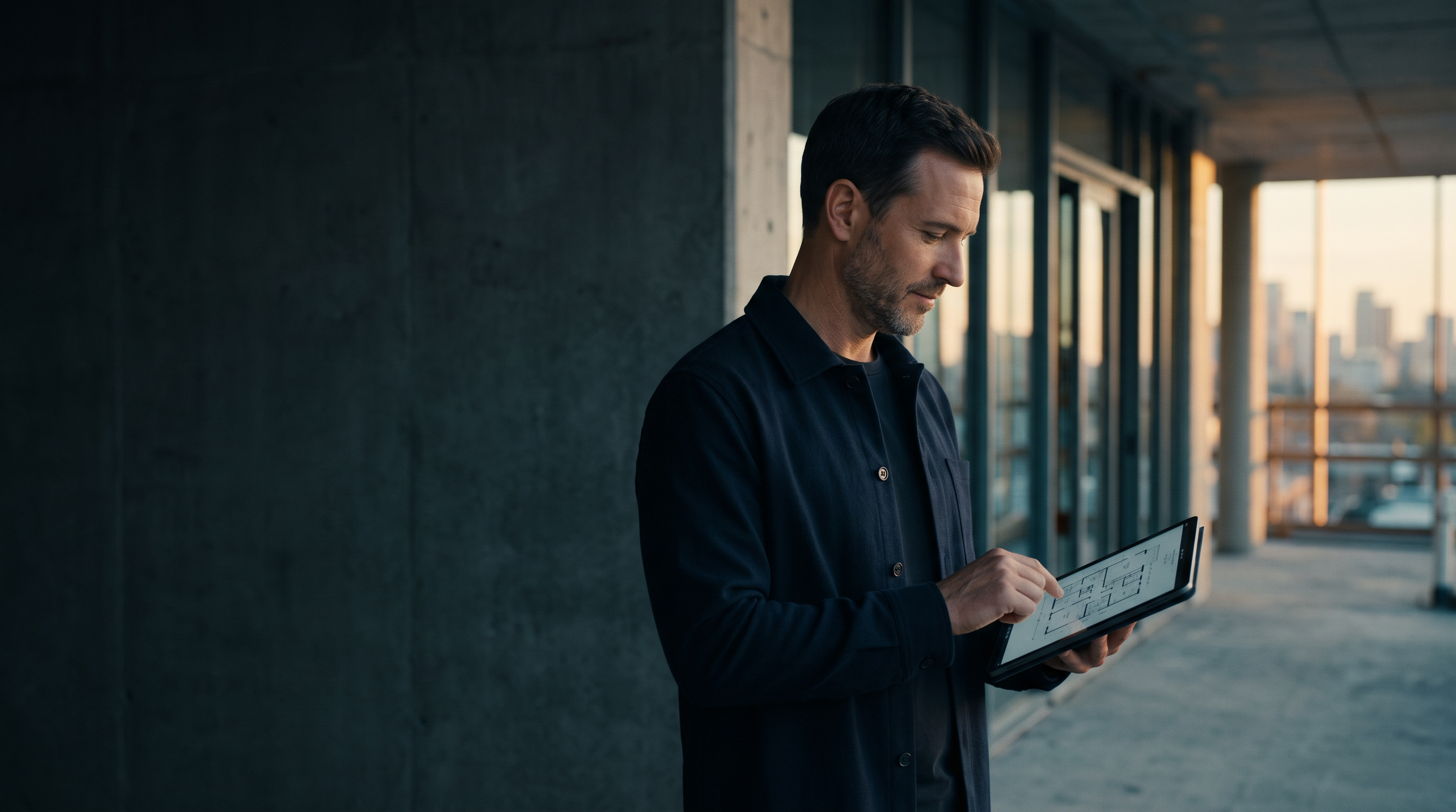 Empresario de la construcción revisando los planos de una obra moderna en una tablet