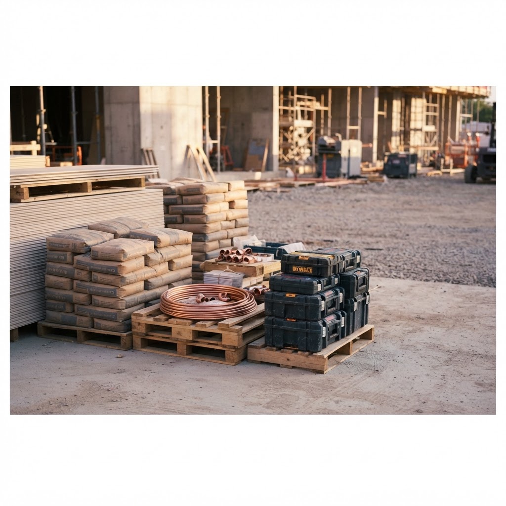 Materiales de construcción organizados en la obra
