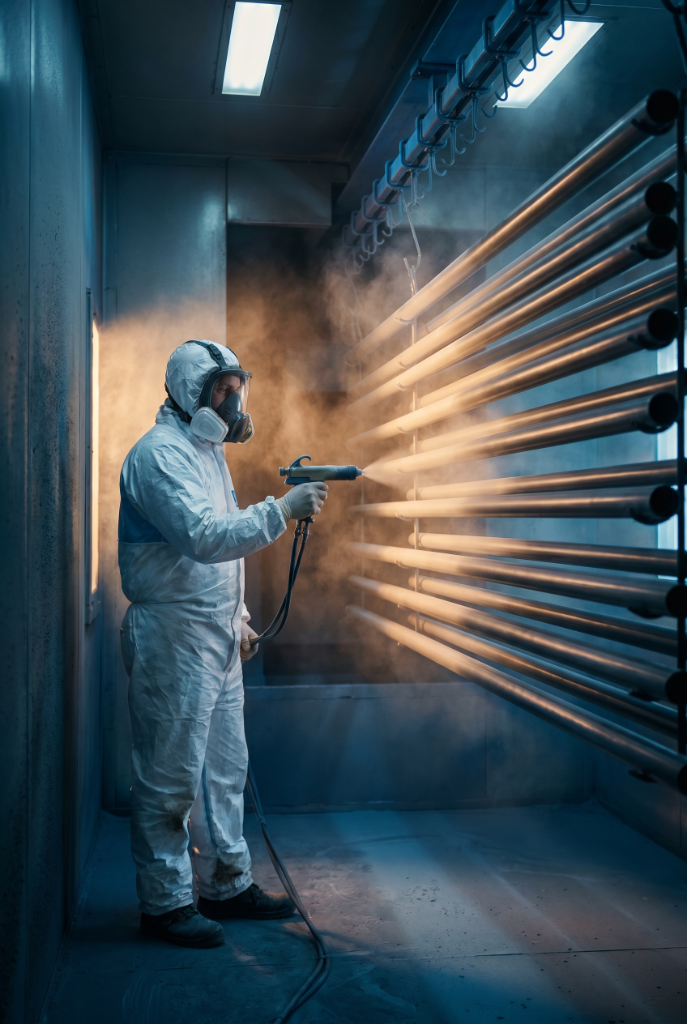 Technician in protective gear applying powder coating with spray gun