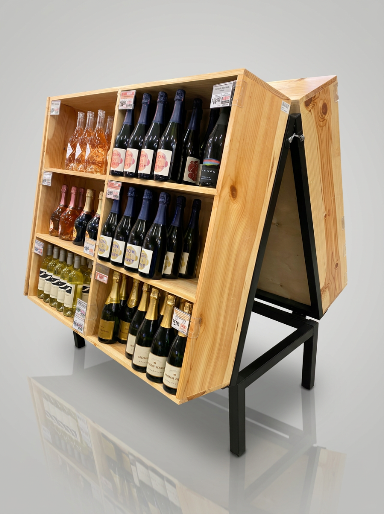 3-Tier Continuous Shelf with Crates — Multi-Level Produce Merchandising System
