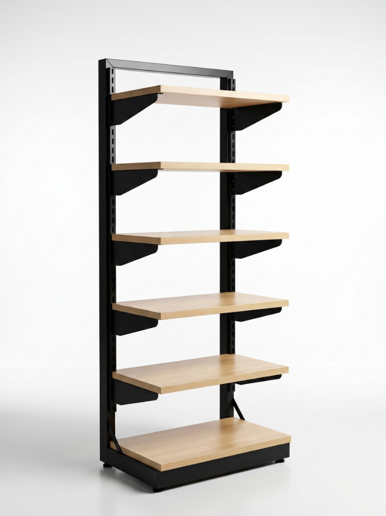 5-Tier Wood & Steel Retail Shelving Unit — Double-Sided